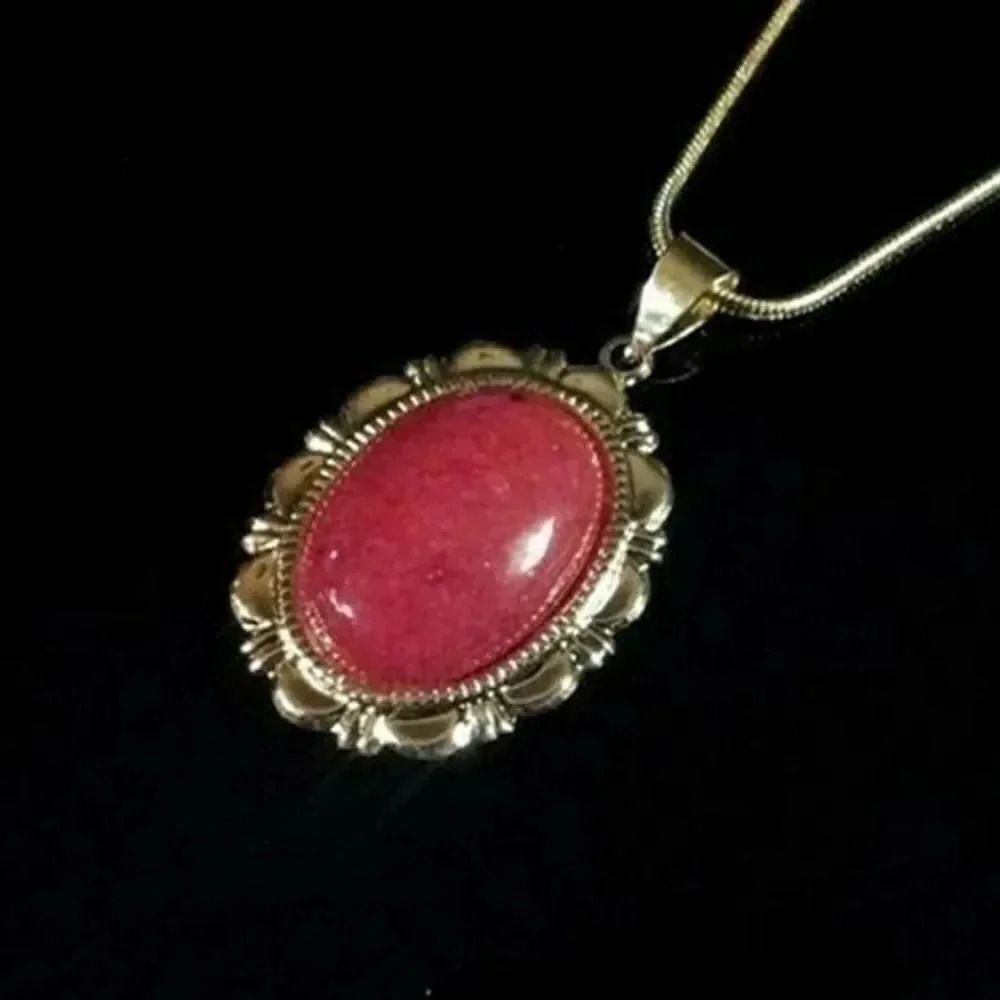 Handmade Coral Red Mountain Jade Oval Gemstone Pendant Necklace 18K Gold Plated